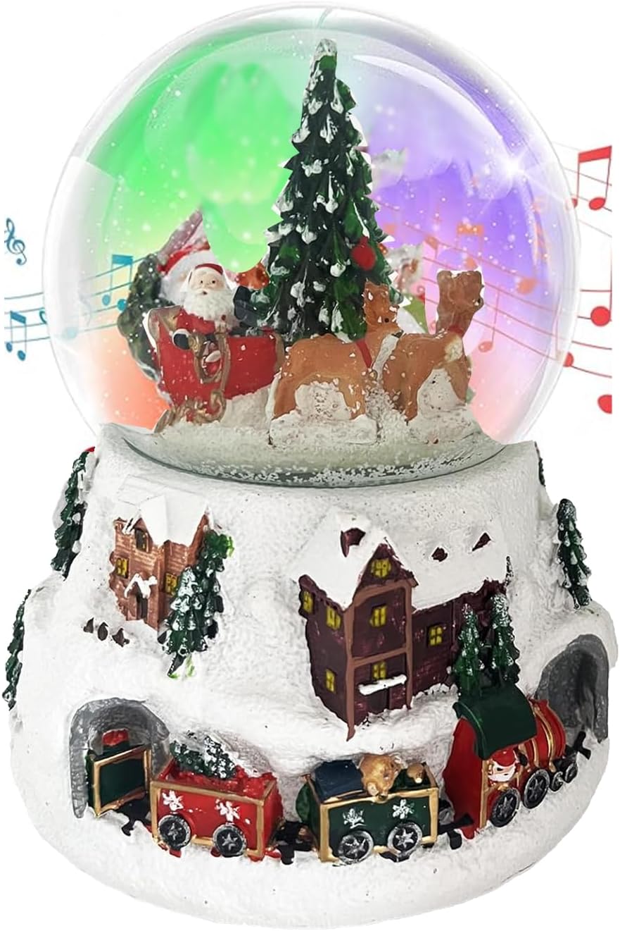 Christmas Snow Globe, 100mm Large Snow Globe,Lighted Musical Santa Claus Reindeer Snow Globe, Snow Globes Christmas&#xFF0C;Santa Snow Globe, Snowing Water Globe, Christmas Snowflake Snow Globe.