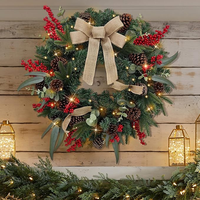 28&#x2019;&#x2019; Pre-Lit Artificial Christmas Wreath, Battery Operated 35 LED Lights with Leaves, Red Berries, Natural Pine Cones, and a Linen Bow for Front Door, Xmas Wreath for Holiday Christmas Decorations