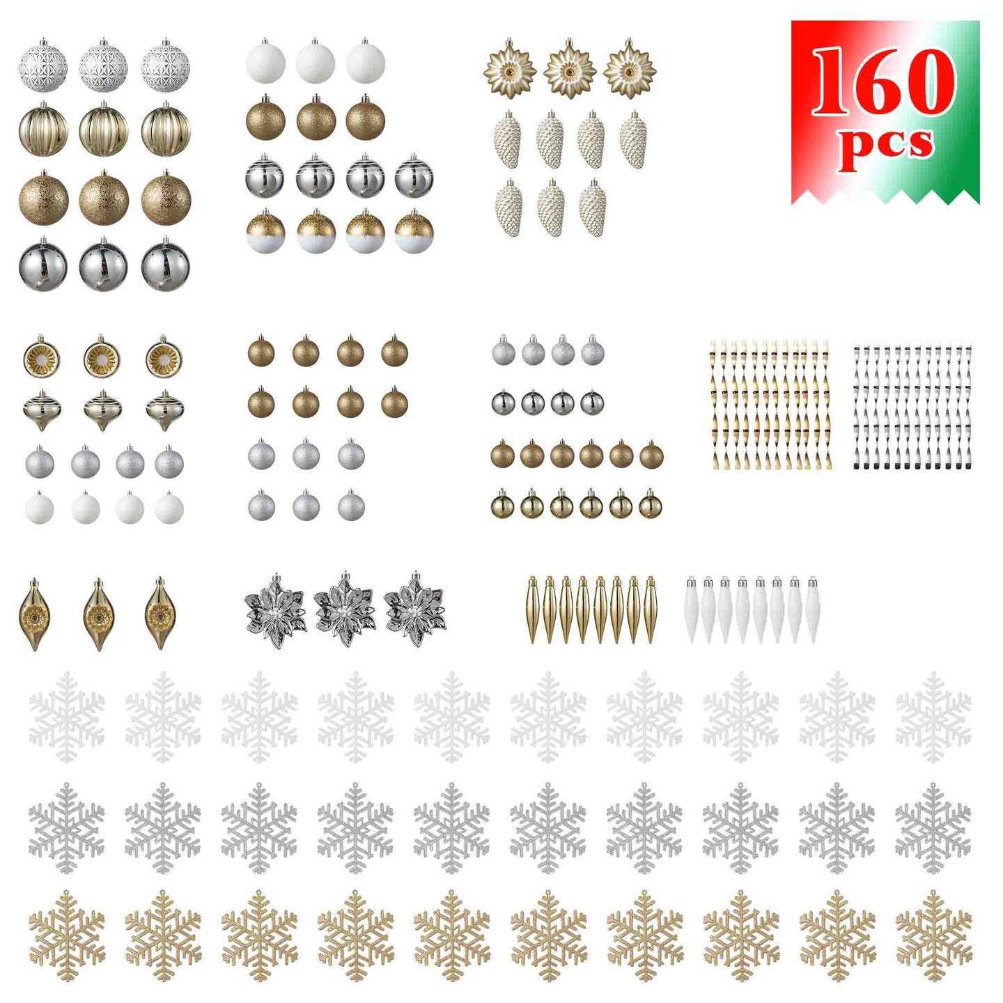 Set of 191 Gold Silver Ribbon Bows Pinecone Picks Shatterproof Ornaments Xmas New Year Tree Decor