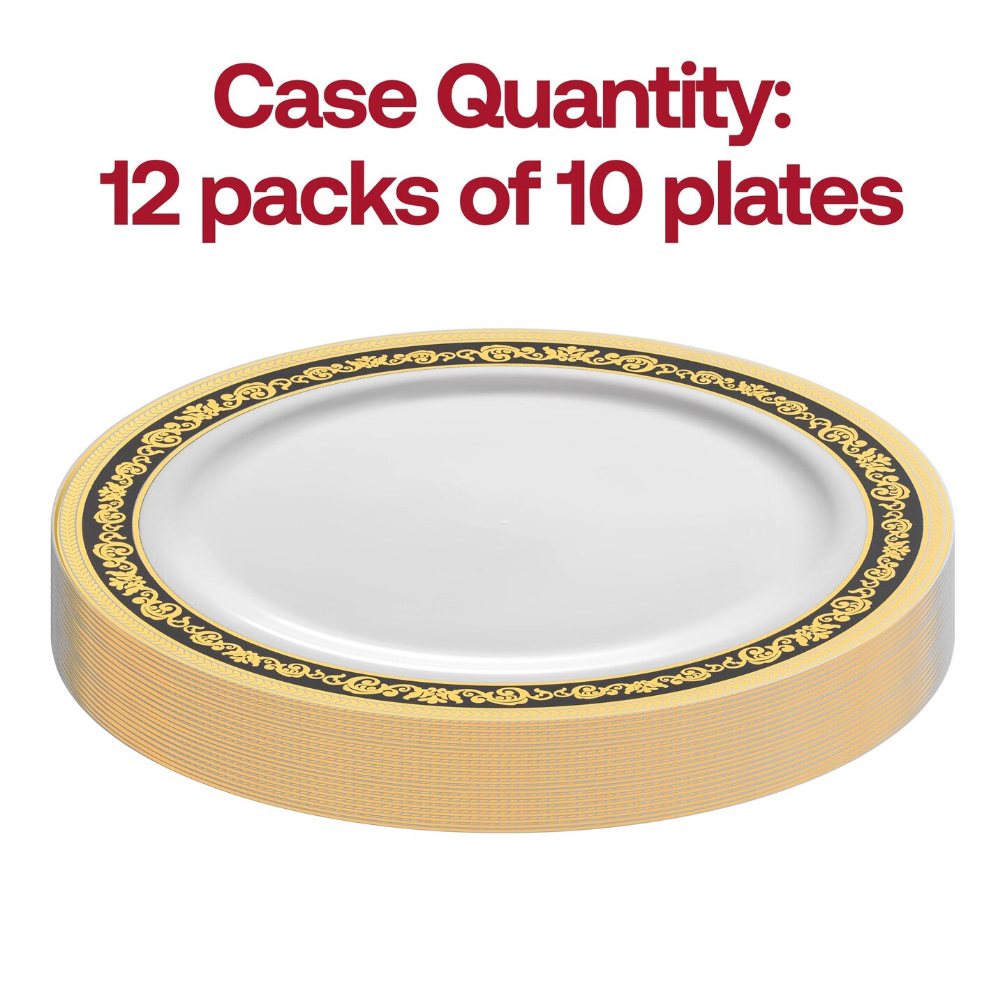 White with Black and Gold Royal Rim Plastic Dinner Plates - 10.25&#x22; (120 Plates)
