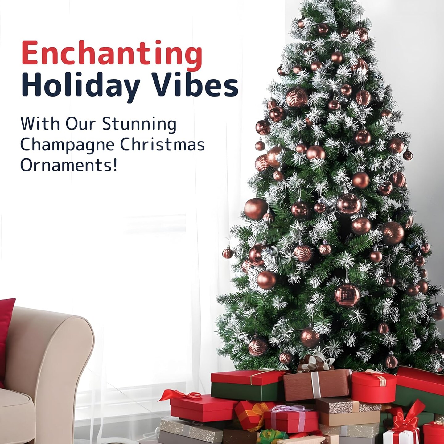Champagne Christmas Ball Ornaments (36 pcs) - Shatterproof Xmas Tree Decorations with Hanging Loop in 6 Styles and 3 Sizes