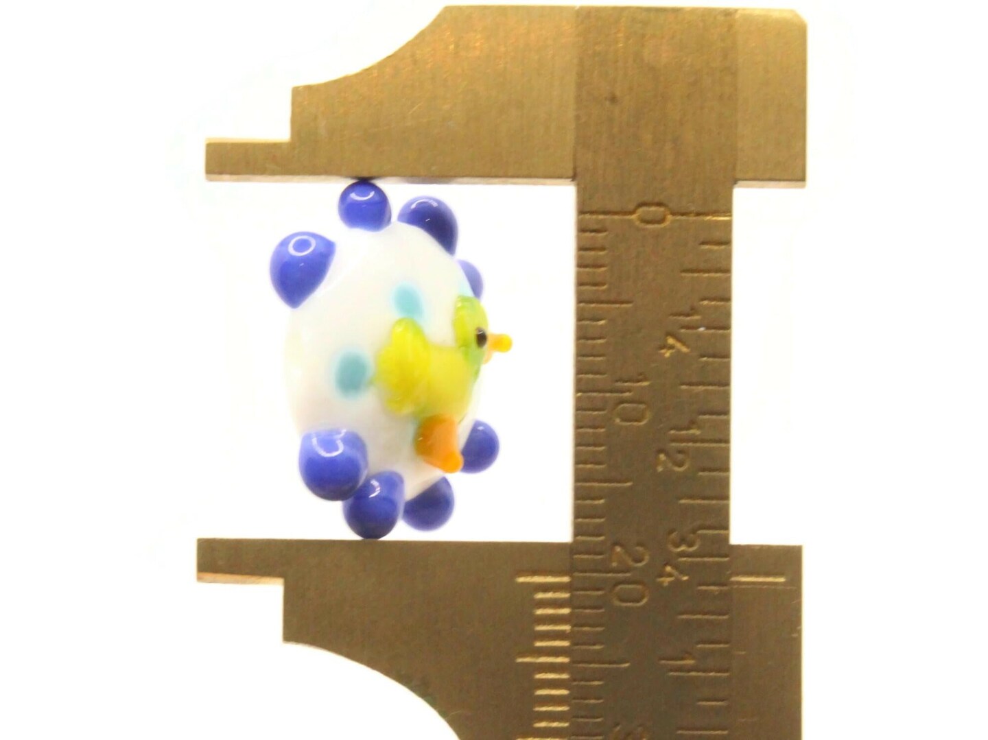 19mm White with Blue Dots and a Duck Bead Flat Round Coin Lampwork Glass Bead