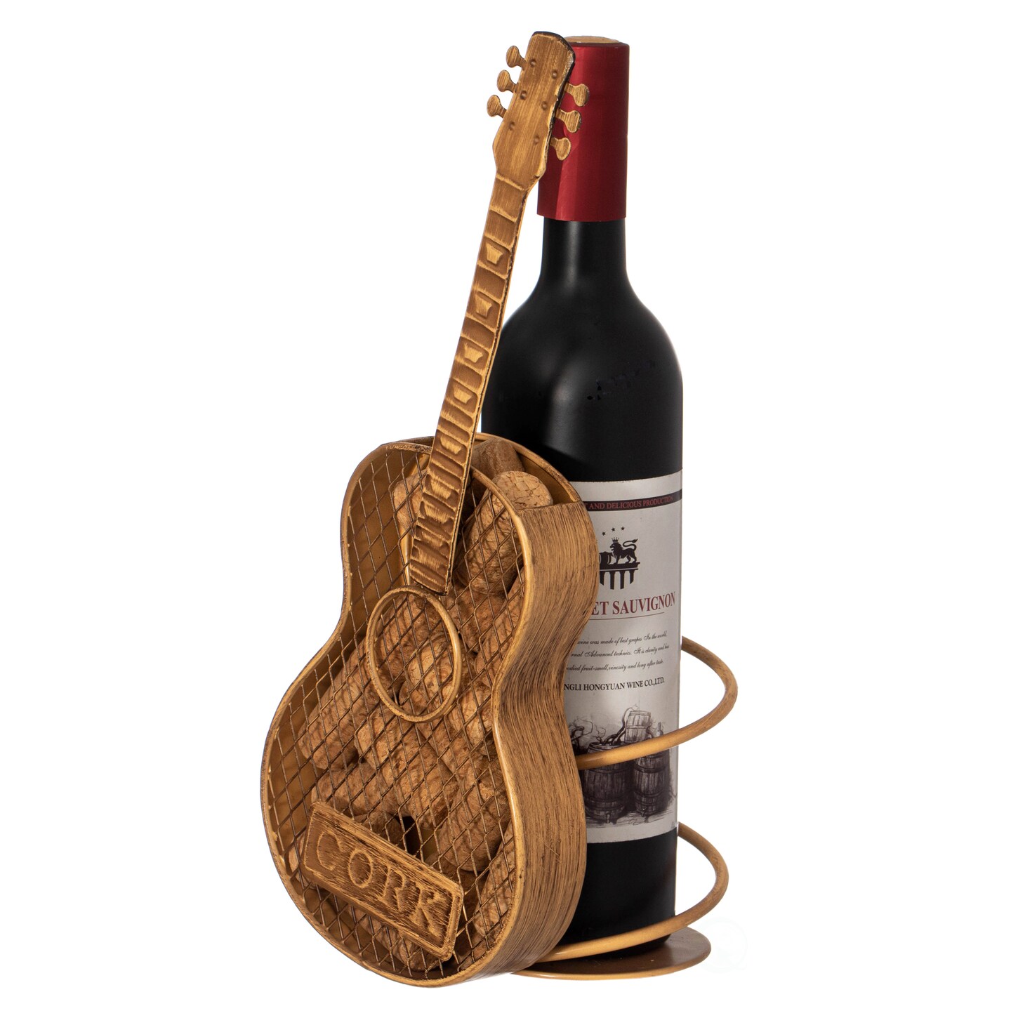 Vintiquewise Decorative Metal Guitar Shape Wine Bottle and Cork Holder &#x2013; A Unique Home Decor Piece and Countertop Accessory for Kitchens, Bars, and Dining Rooms, Great Collection for Wine Lovers