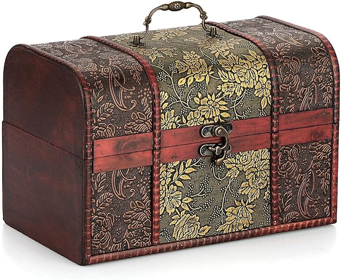 Vintage Treasure Chest Box, Pirate Keepsakes Box for Kids Gifts, Wooden Treasure Storage Box Decorative Box for Jewelry Pearl Trinkets, X-Large