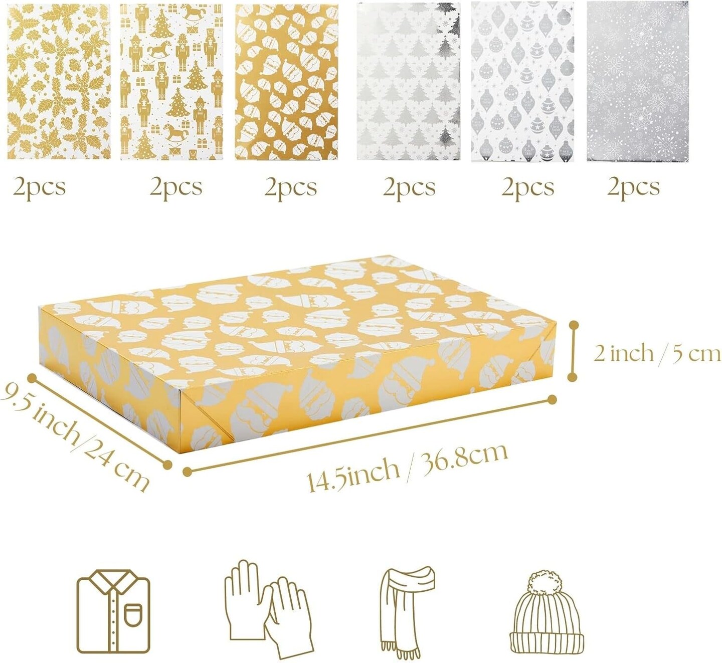 12Pcs Metallic Gold Silver Christmas Shirt Boxes, Xmas Tree, Snowflake, Nutcrackers, Mistletoe, Santa Gift Boxes with Lid, For Clothing Holiday Apparel Gift Wrapping Packaging 14.5x9.5x2 Inch