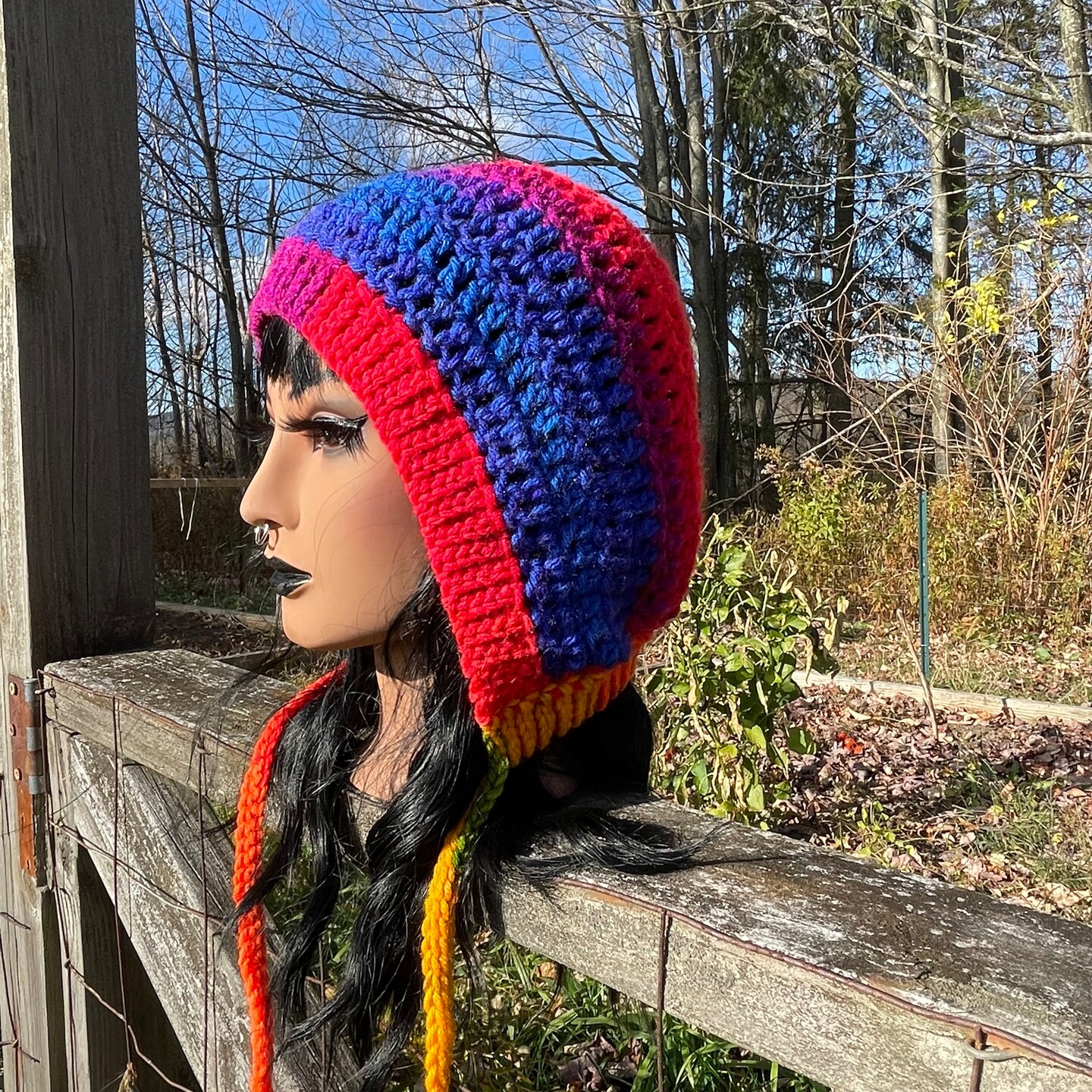 Crochet Adult Bonnet rainbow colored winter hat MakerPlace by