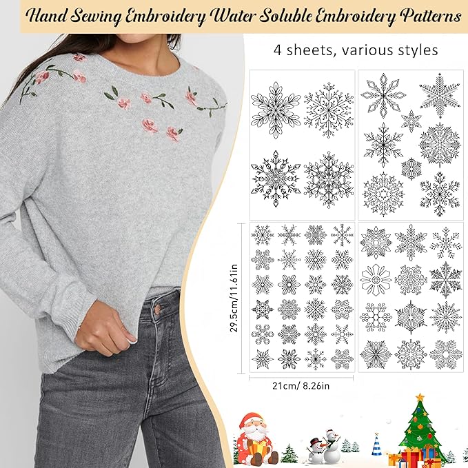 CRASHOT 4 Sheets Christmas Stick and Stitch Embroider Paper Wash Away, 48 Pcs Winter Snowflakes Embroidery Patterns, Suprise Hand Sewing Lover