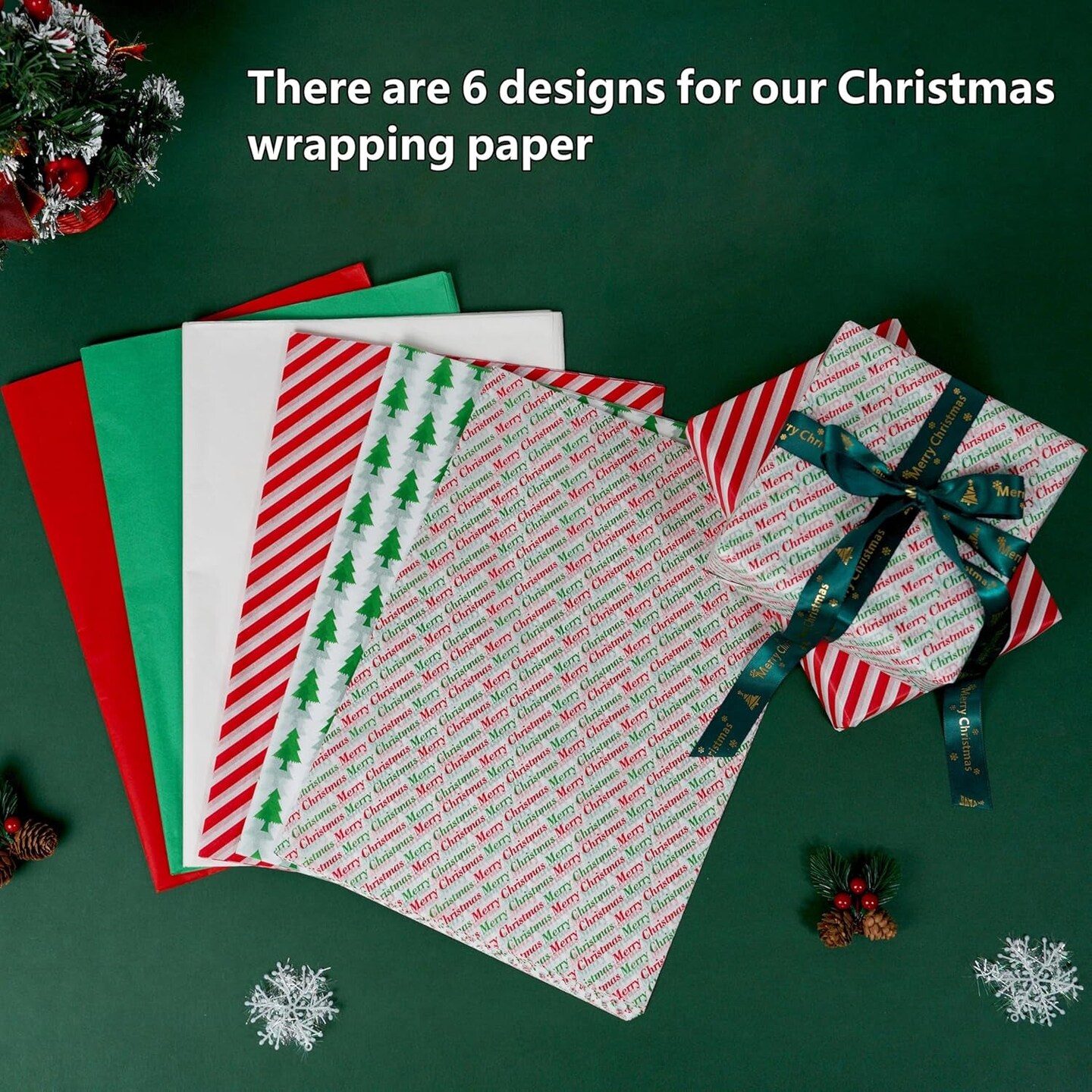 150 Sheets 20&#x22;X14&#x22; Christmas Tissue Paper for Gift Bags Party Decoration, Red, Green, White, Red Stripe, Christmas Tree, Merry Christmas Wrapping Paper