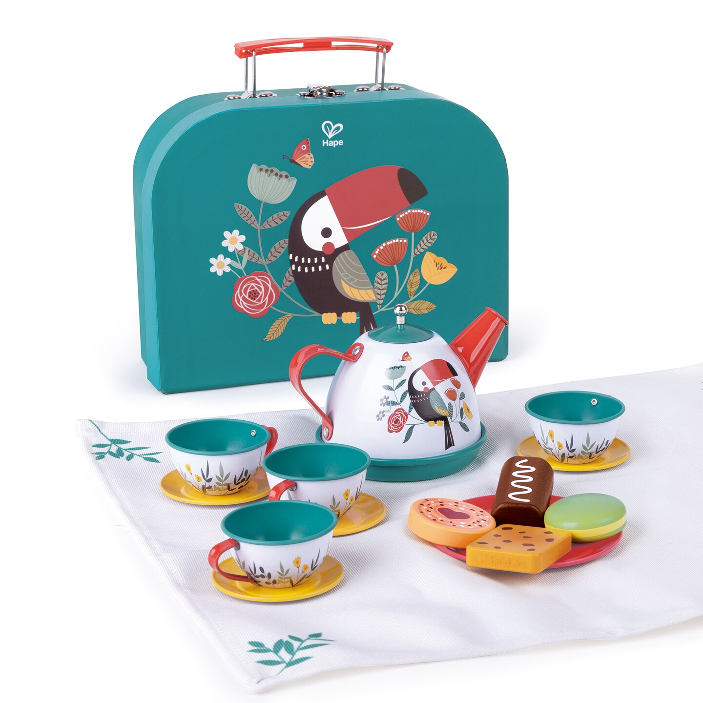 Hape: Tea Time Playset - 15pcs, Teal &#x26; Pink, Storage Carry Case, Nature &#x26; Bird Themed Set, Kitchen Food, Pretend Toy Playset, Toddlers &#x26; Kids Ages 2+