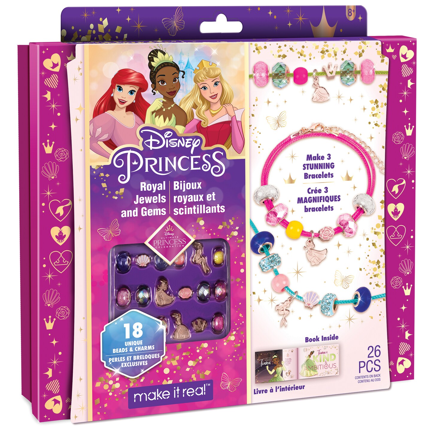 Disney Princess: Royal Jewels &#x26; Gems - Create 3 Stunning Princess Bracelets, Make It Real, 26 Piece, Arielle Aurora &#x26; Tiana, Tweens &#x26; Girls, Make Unique Charm &#x26; Bead Jewelry, All-In-One, DIY Jewelry Kit, Tweens &#x26; Girls, Arts &#x26; Crafts, Kids Ages 8+