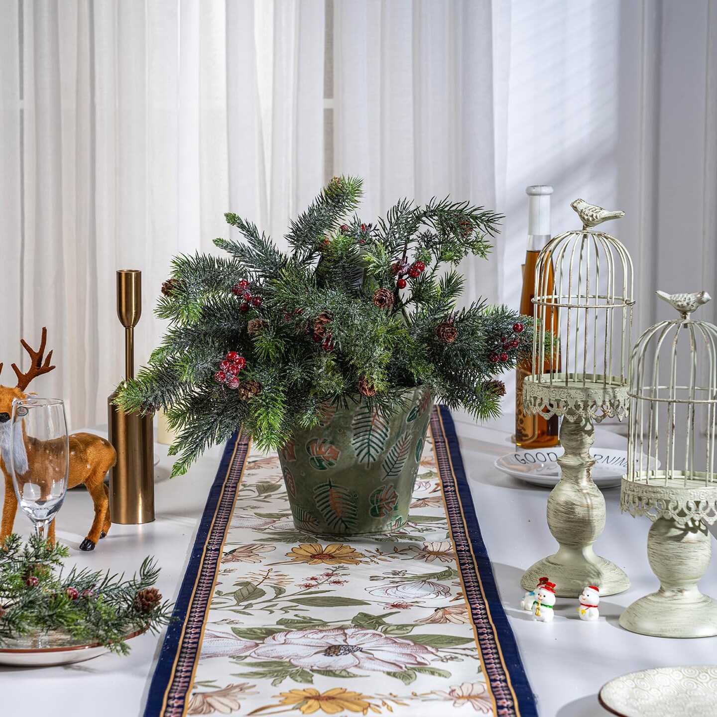 Red Berry Snowy Pine Cones Fake Greenery Stems Picks(Type-4)