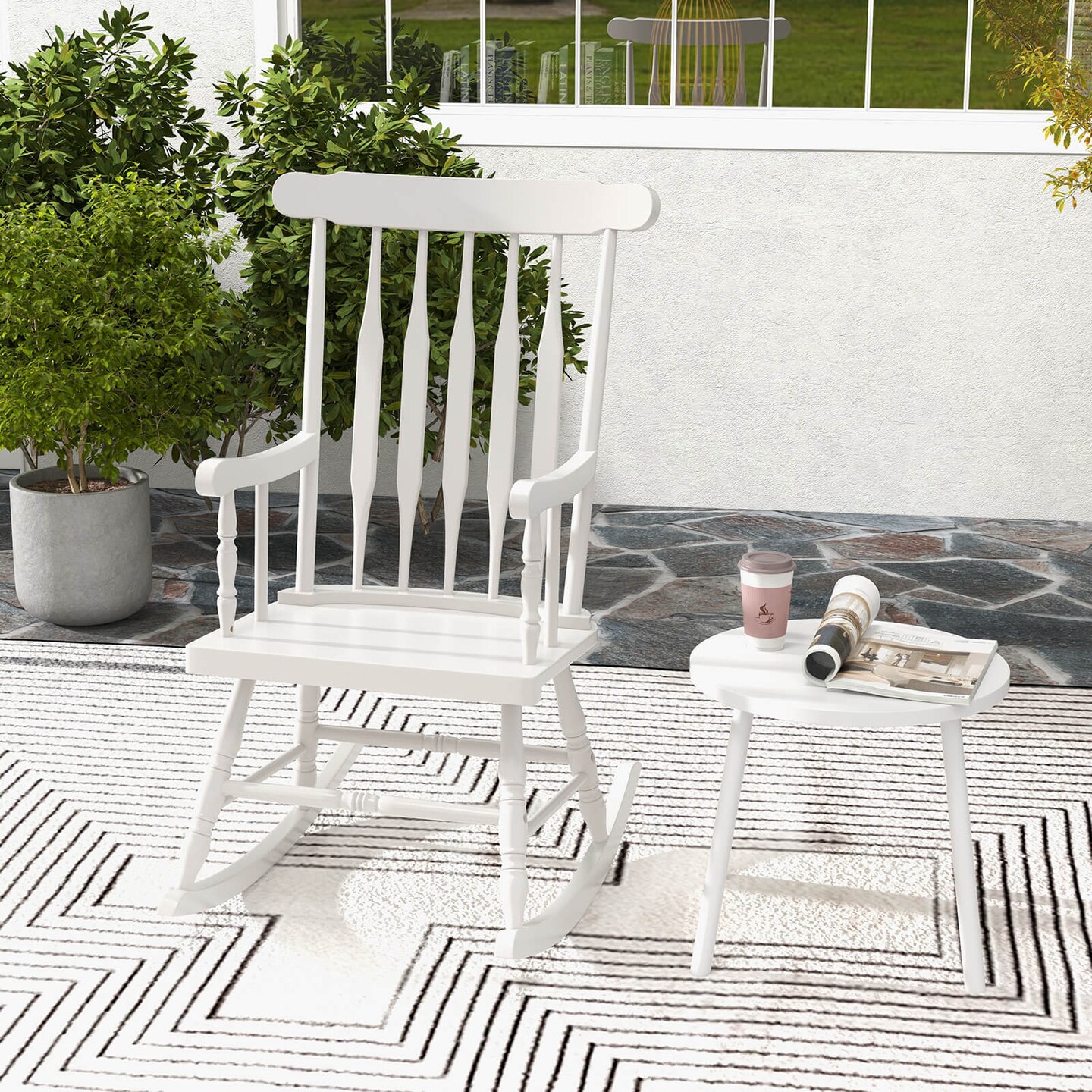 Costway Set of 2 Wood Rocking Chair Glossy Finish White\ Coffe