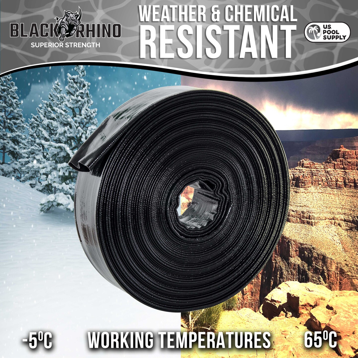 U.S. Pool Supply&#xAE; Black Rhino 2&#x22; x 100&#x27; Pool Backwash Hose with Hose Clamp - Extra Heavy Duty Superior Strength, Thick 1.2mm (47 mils) - Weather Burst Resistant
