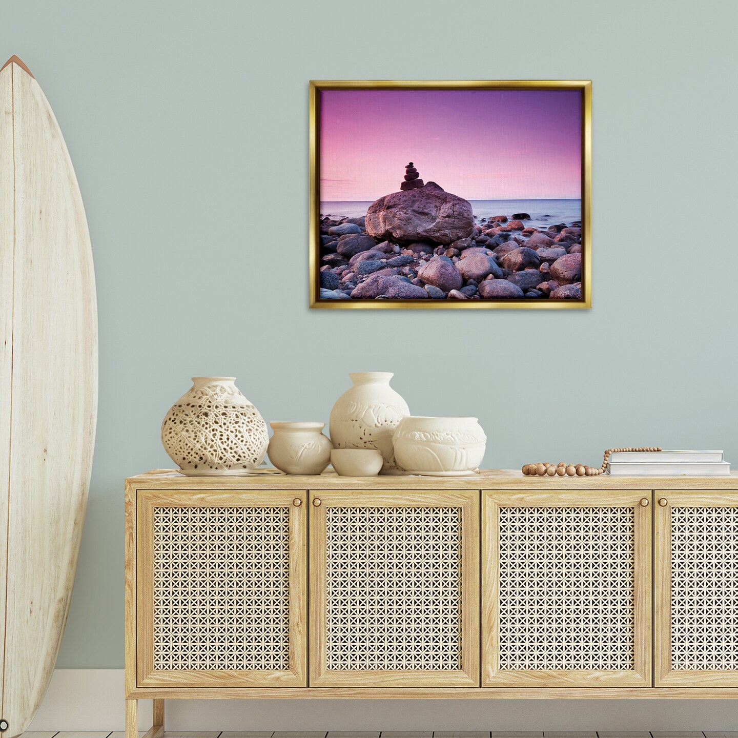 Stupell Industries Stacked Rocks on Shore Framed Floater Canvas Wall Art Design by Incado