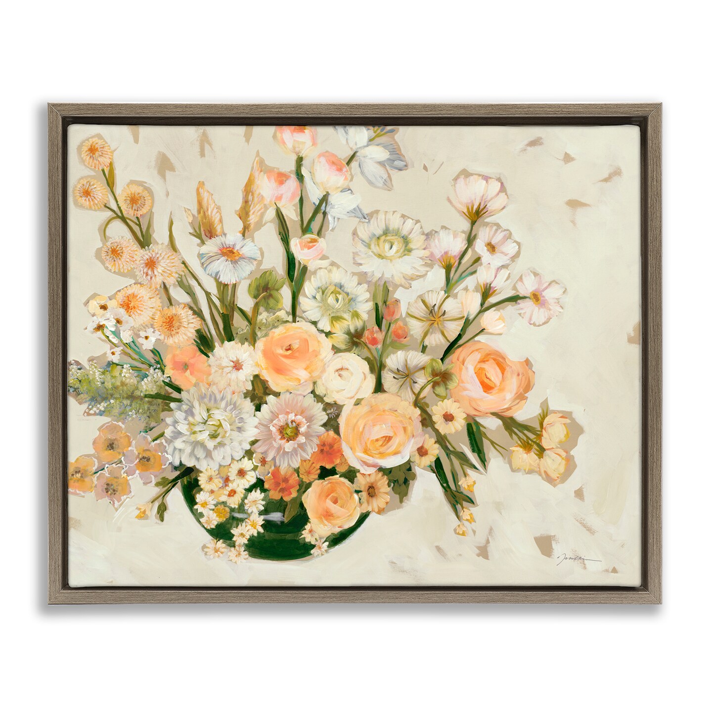 Stupell Industries Beige Shabby Chic Flowers Framed Floater Canvas Wall Art Design by Liz Jardine