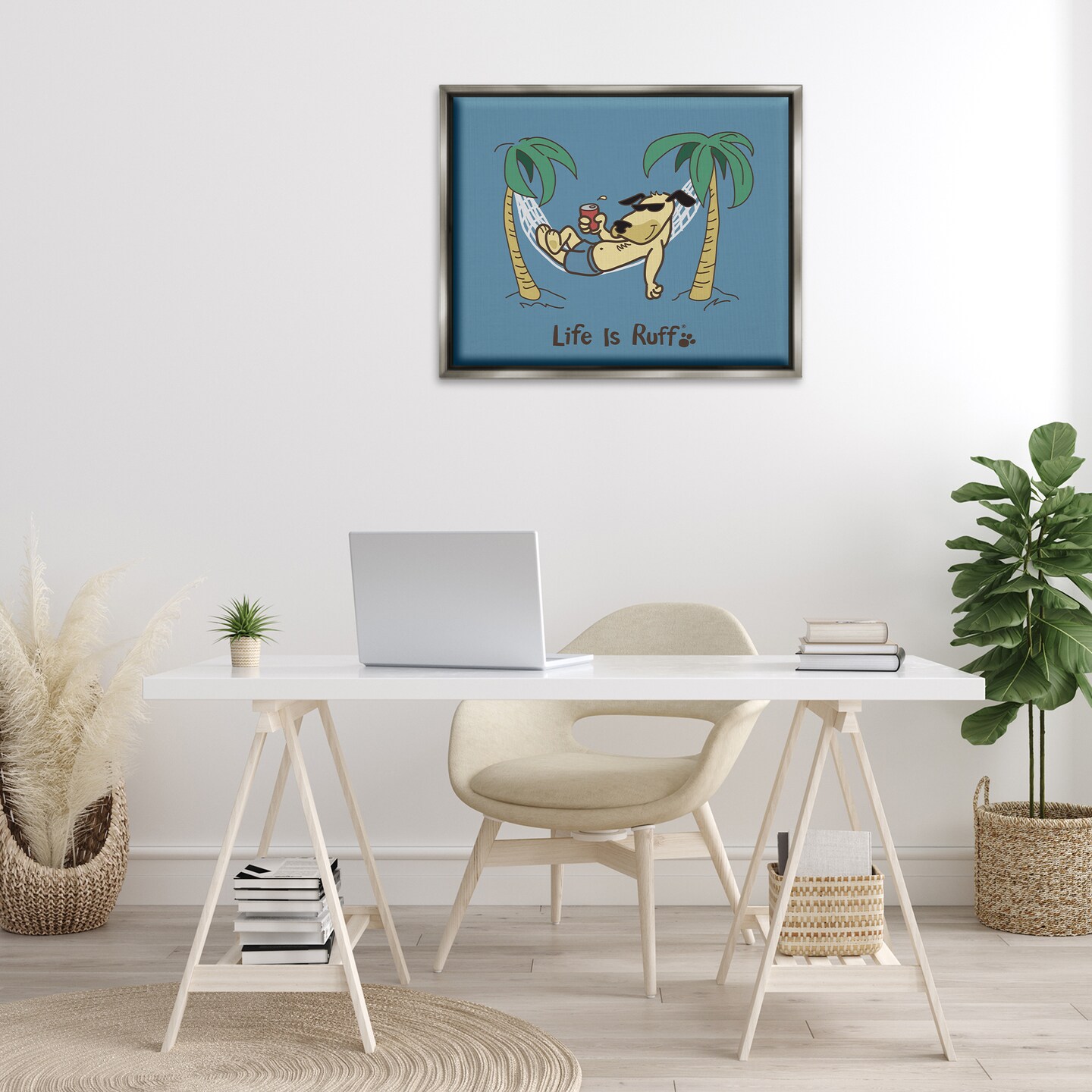 Stupell Industries Tropical Dog on Hammock Framed Floater Canvas Wall Art Design by LIR