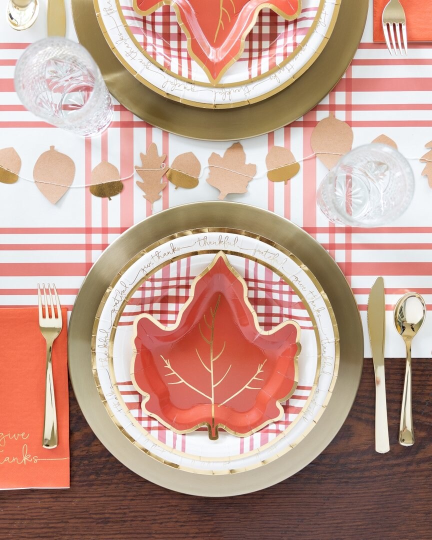 Harvest Plaid 9" Paper Plates - Burnt Orange with Gold Foil for Fall
