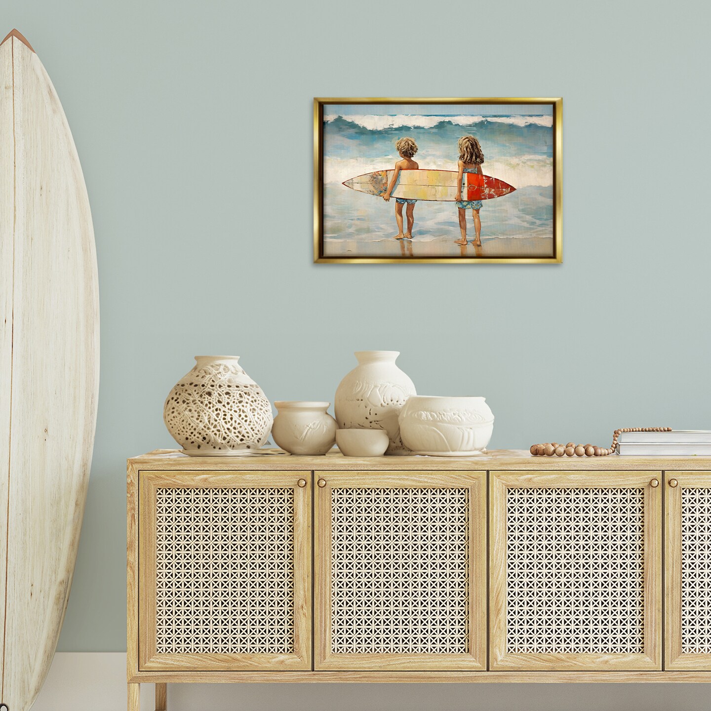 Stupell Industries Kids with Surf Waves Framed Floater Canvas Wall Art Design by Petal Prints Design