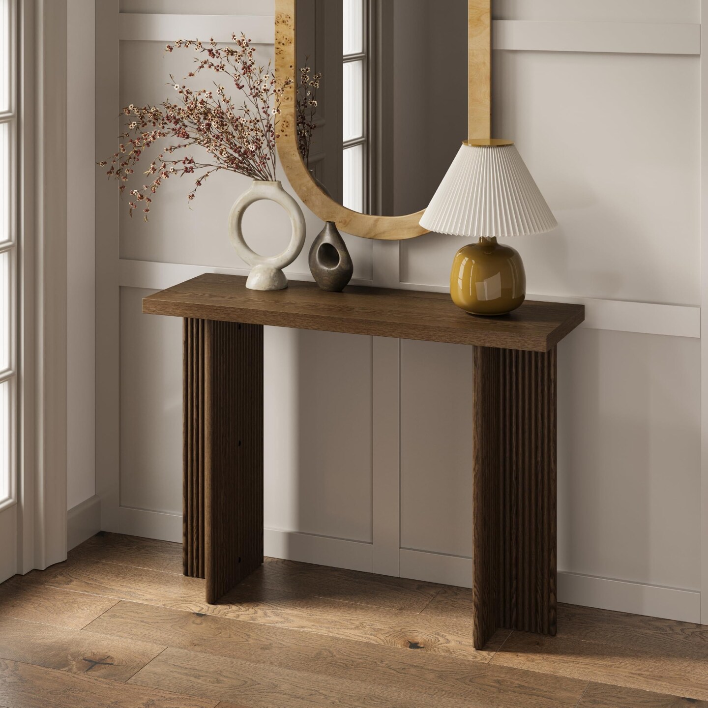 Fluted Console Table - Small Entry Desk - Modern, Mid-Century Home Decor - Living Room Furniture - Solid Wood Entryway Table - Fluted Cross Bass and Rectangular Top (Walnut)