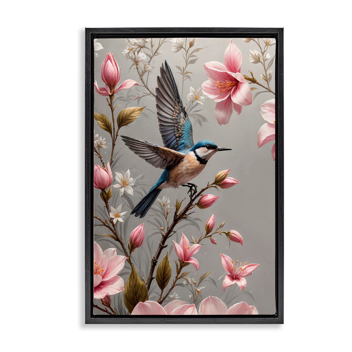 Stupell Industries Soft Pink Florals with Bird Framed Floater Canvas Wall Art Design by Yuri Khrushch