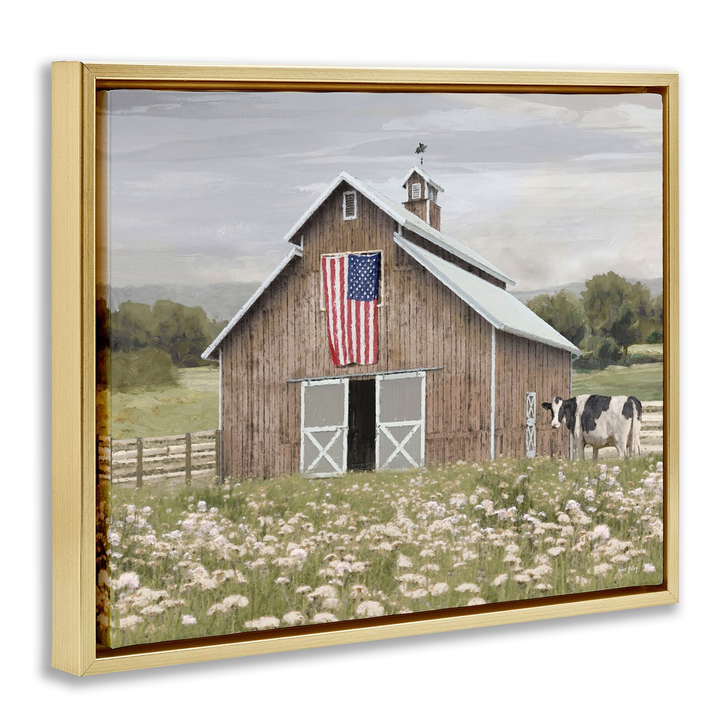 Stupell Industries Patriotic Barn & Cow Floater Framed Canvas Wall Art Design by Amber Sterling