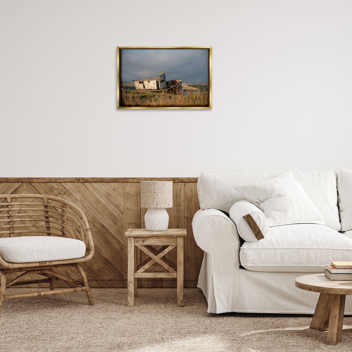 Stupell Industries Old Shipwreck on Beach Floater Framed Canvas Wall Art Design by Crystal Lynn Collins