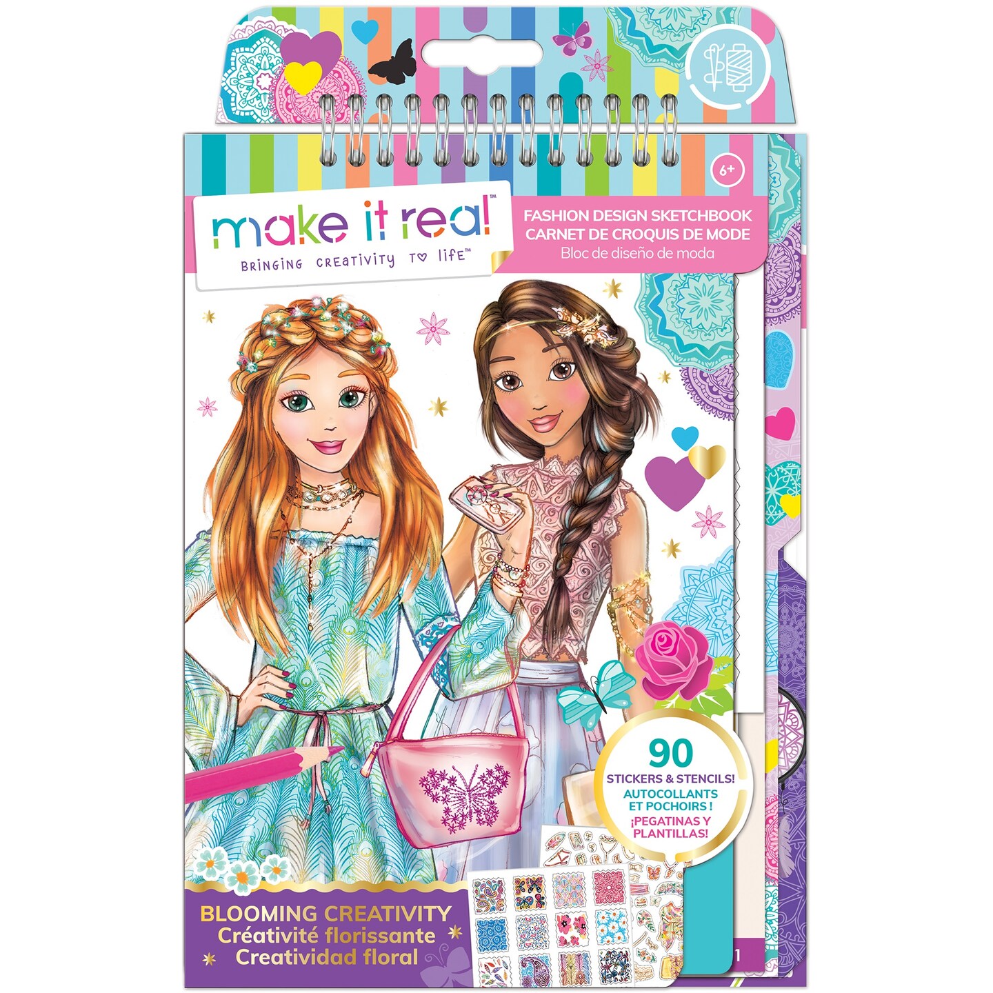 Make It Real: Fashion Design Sketchbook: Blooming Creativity - Includes 90 Stickers & Stencils, Draw Sketch & Create, Fashion Coloring Book, Tweens & Girls, Kids Ages 6+
