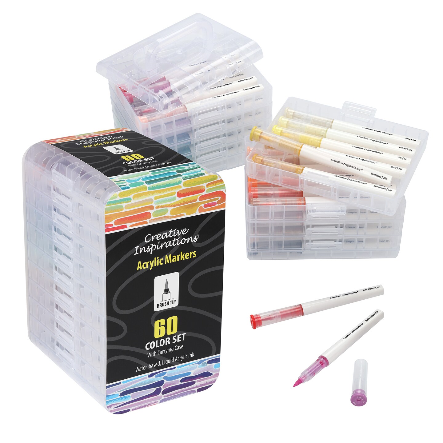 Creative Inspirations Acrylic Paint Markers Set - 60 Colors: Water-Based Acrylic Markers for Artists w/ Flexible Brush Tips in Stacked Carrying Case, Bleed-Resistant, Lightfast, For Wood, Glass, Paper