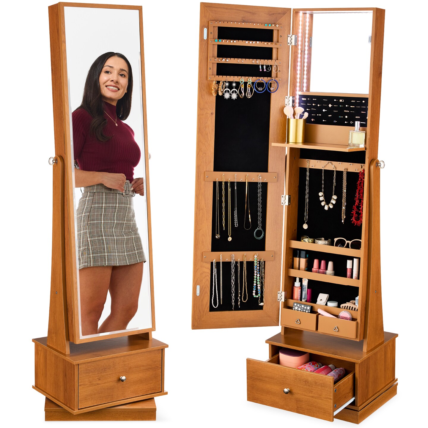 Best Choice Products 360 Swivel Standing Mirrored Jewelry Cabinet, LED-Lit Makeup Organizer w/ Mirror