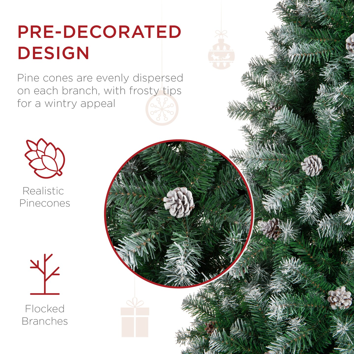 Best Choice Products Pre-Decorated Holiday Christmas Pine Tree w/ Branch Tips, Partially Flocked, Metal Base