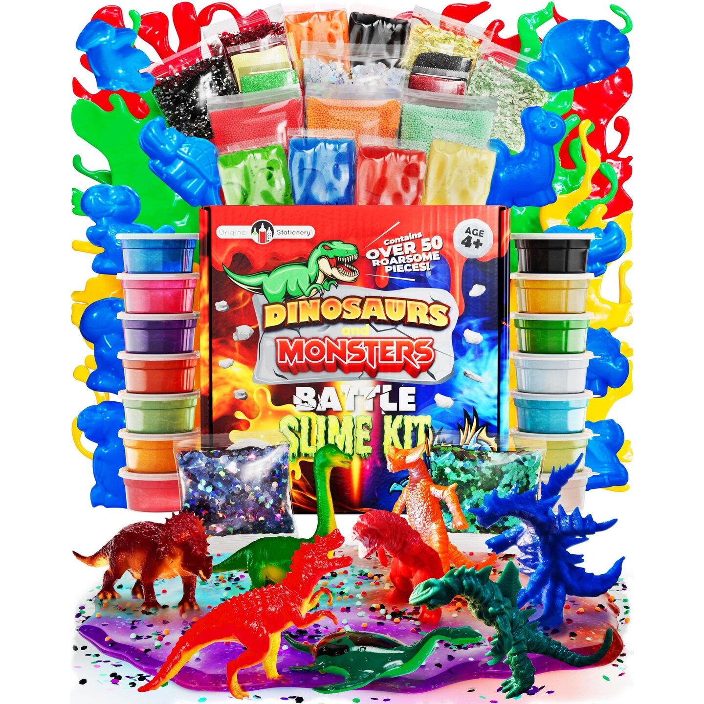 Original Stationery Dinosaur and Monsters Battle Slime Kit, Slime Pack with 14 Premade Slimes for Boys, Dinosaur Toy Molds and Dino Toys Figures, Ages 7-14