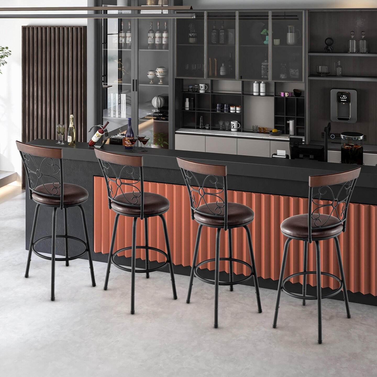 Costway Set of 2 24/30 Inch Adjustable Swivel Barstools Metal Dining Chairs Black&Brown