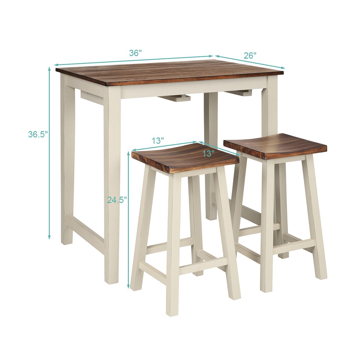 Costway 3-Piece Bar Table Set Counter Pub Table& 2 Saddle Bar Stools w/ Hanging Design