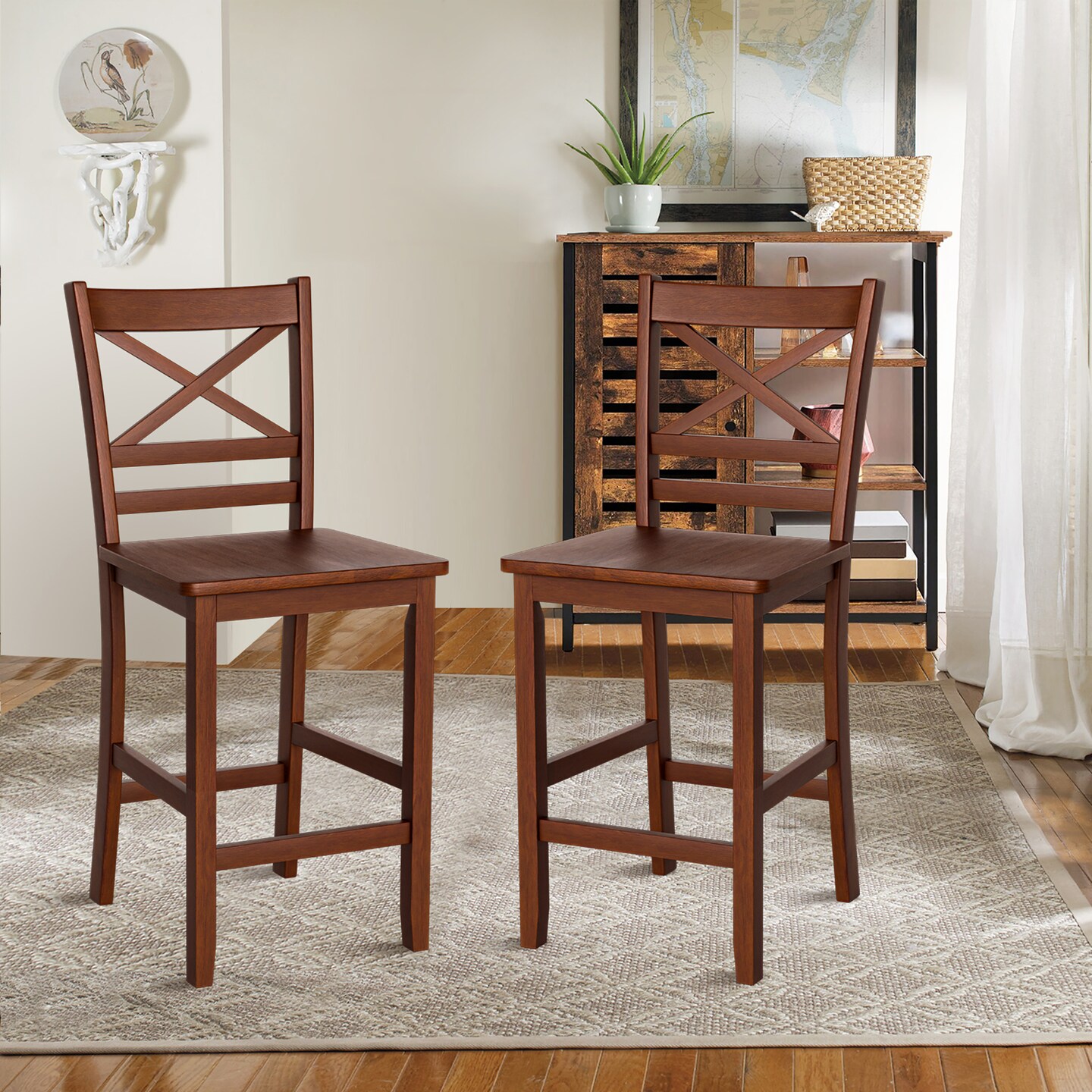 Costway Set of 2/4 Bar Stools 24'' Counter Height Chairs w/ Rubber Wood Legs Walnut