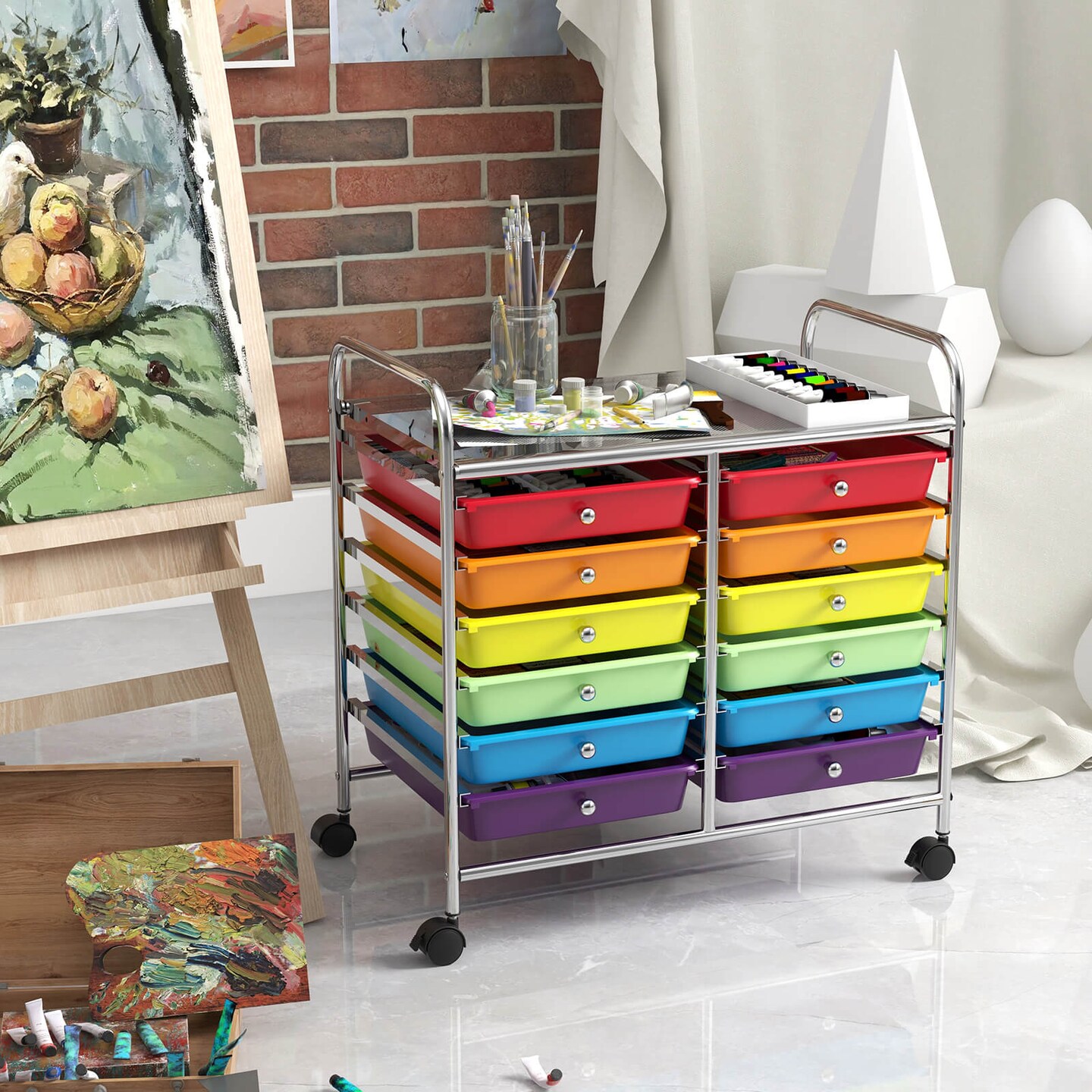 Costway 12 Drawers Rolling Cart Storage Scrapbook Paper Studio Organizer Bins Macaron/White/Light Pink/Purple/Pink/Clear/Gray/Rainbow/Multicolor/Hot Pink/Black