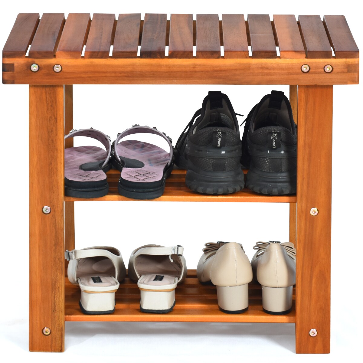 Costway 3-Tier Wood Shoe Rack 19' Shoe Bench Freestanding Boots Organizer Heavy-duty