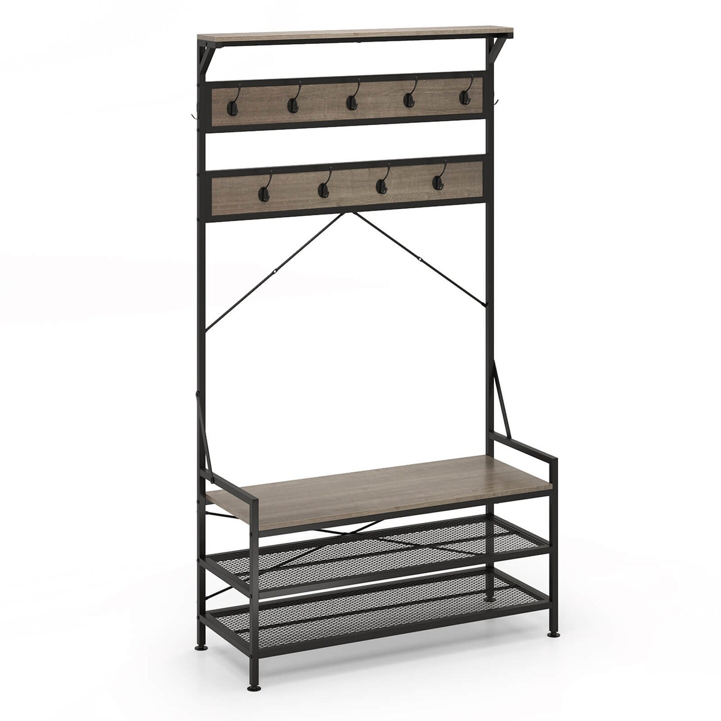 Costway Coat Rack 4-In-1 Hall Tree with 11 Hanging Hooks, Shoe Bench, 2-Tier Shoe Rack Gray/Brown