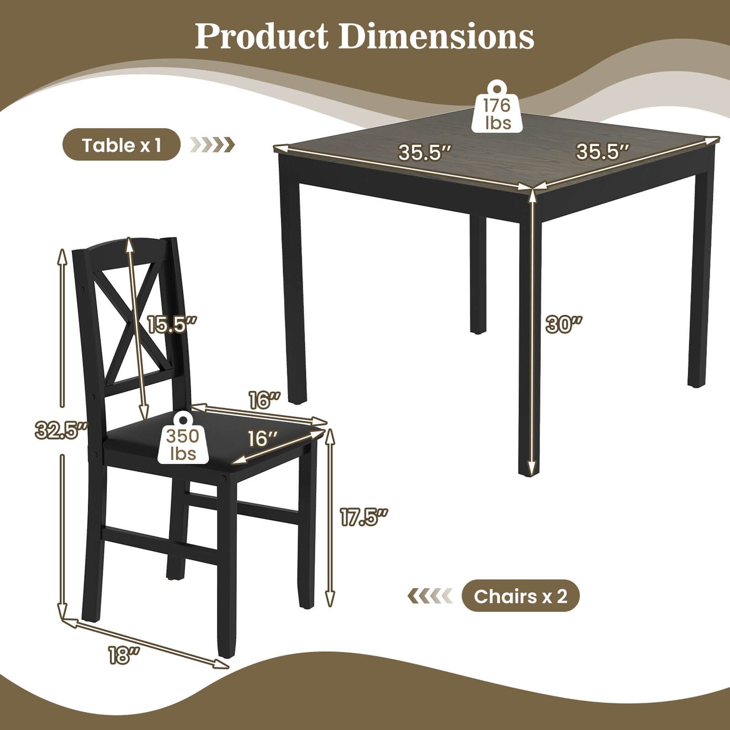 Costway 3 PCS Dining Table Set Wooden Square Kitchen Table with 2 Upholstered Chairs Brown/Gray