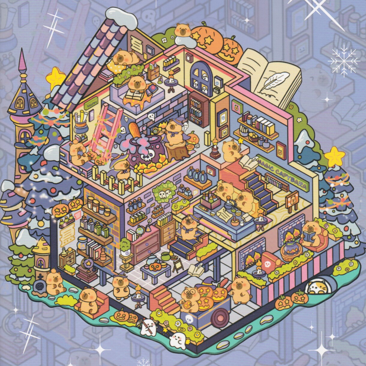 Cute Halloween Isometric Stickers, Capybara Party Room Scene, Large Size, Adorabilities