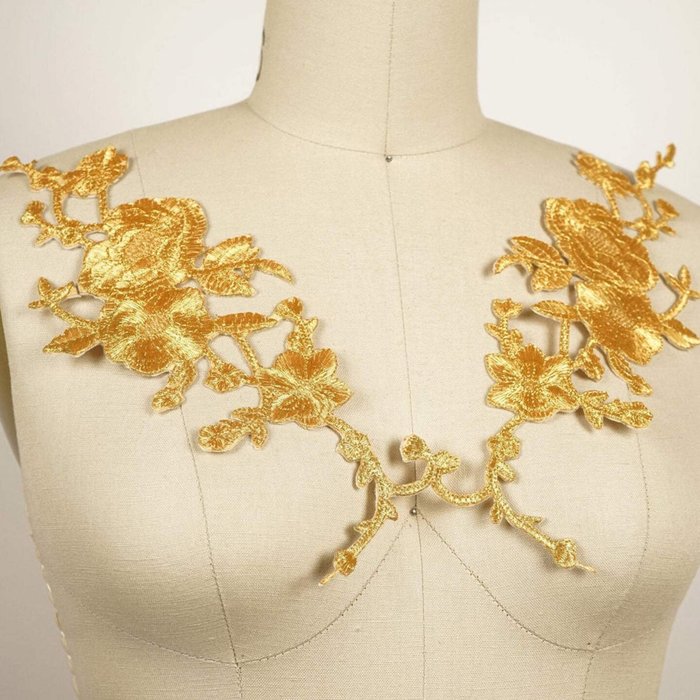 2 Pieces 9.75" x 4.75" Gold Floral Appliques Metallic Embroidered Iron-On Patch Pair for Dresses, Jackets & DIY Crafts