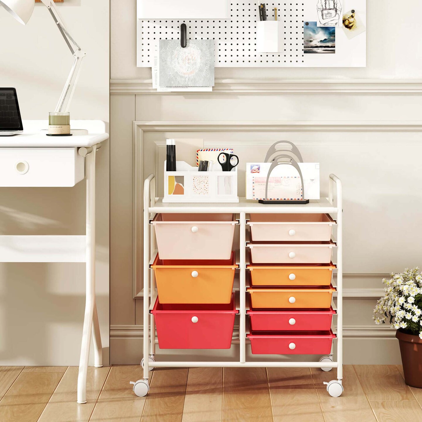 Costway 9 Drawer Rolling Organizer Cart Utility Storage Tools Scrapbook Paper Multi-Use Macaron/White/Hot Pink/Light Pink/Clear/Black