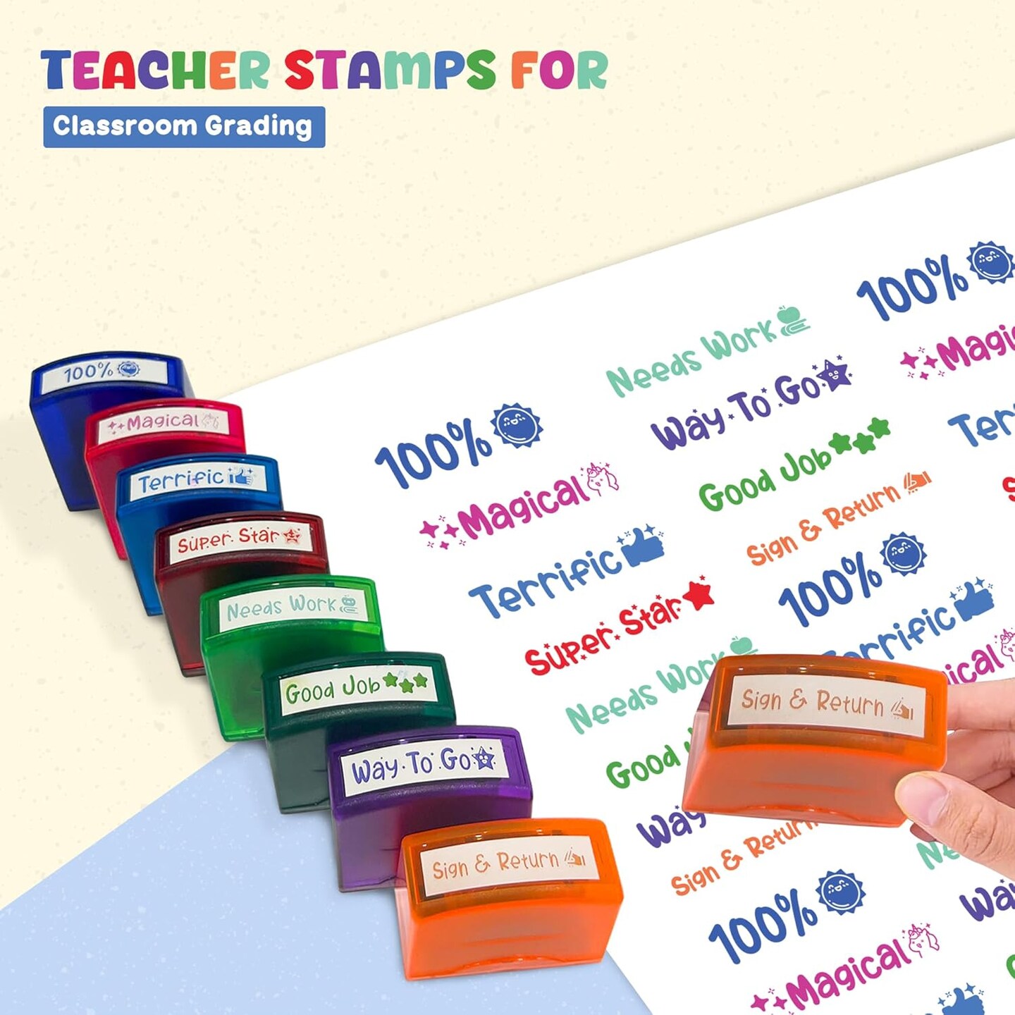 4E's Novelty 8 Pcs Teacher Stamps for Classroom Grading, Self Inking Teacher Stamp with Signs, Multicolor Grading Stamps for Teachers Elementary, School Stamps for Kids 3+, Homework Stamp Set