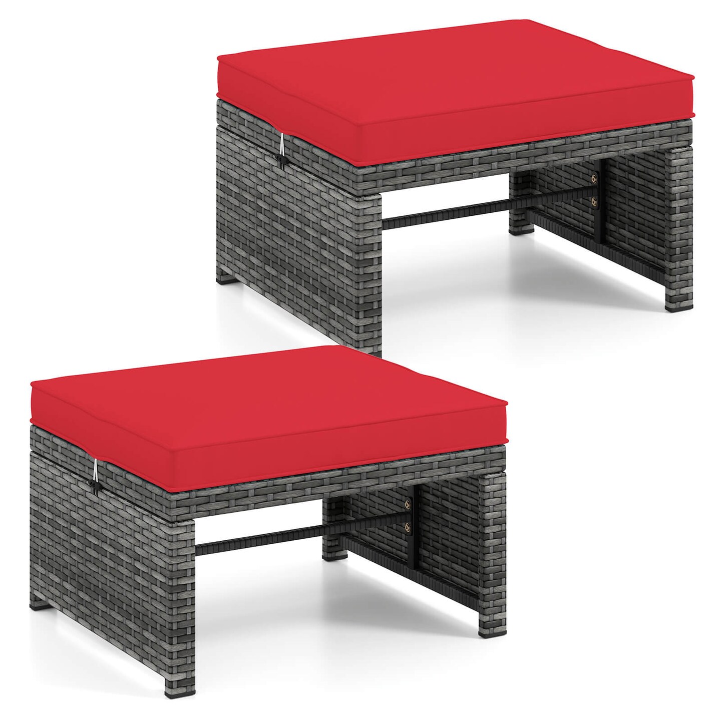 Costway Patio Ottomans Set of 2 PE Rattan Footstools with Removable Cushions & Metal Frame Red/Gray/Black/White/Turquoise/Navy