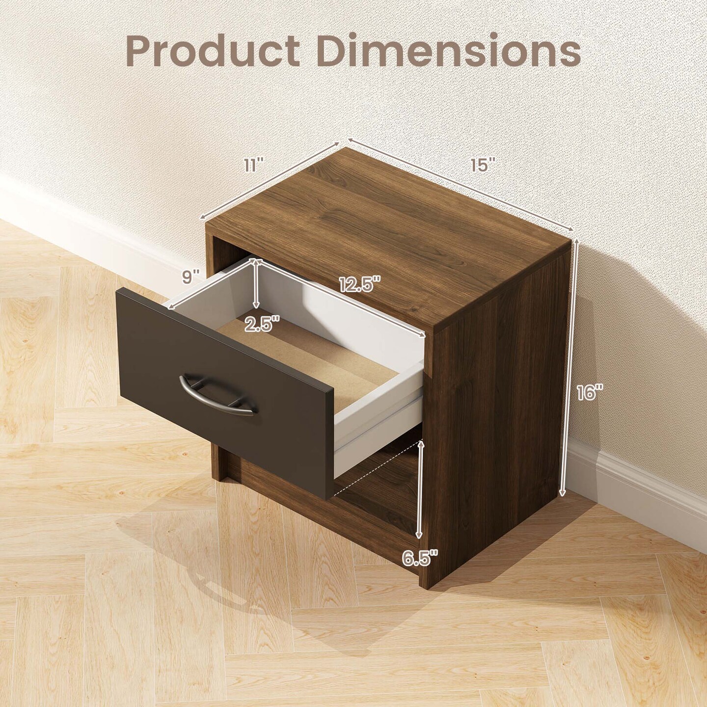 Costway Modern Nightstand Bedside Table with Drawer Open Storage Shelf for Small Spaces Light Gray/Oak&White/Natural&White/Natural/White/Dark Gray/Brown