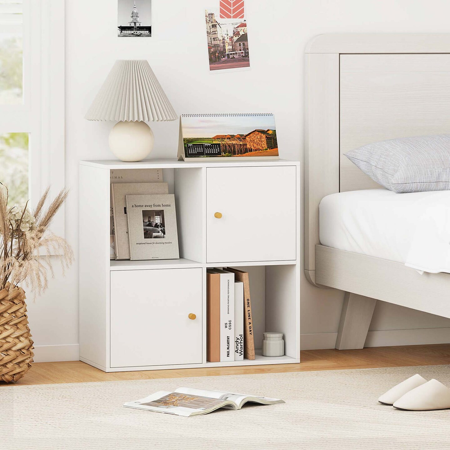 Costway 4-Cube Bookcase with Dual Anti-Tipping Kits &#x26; 2 Cabinets Storage Organizer White/Natural