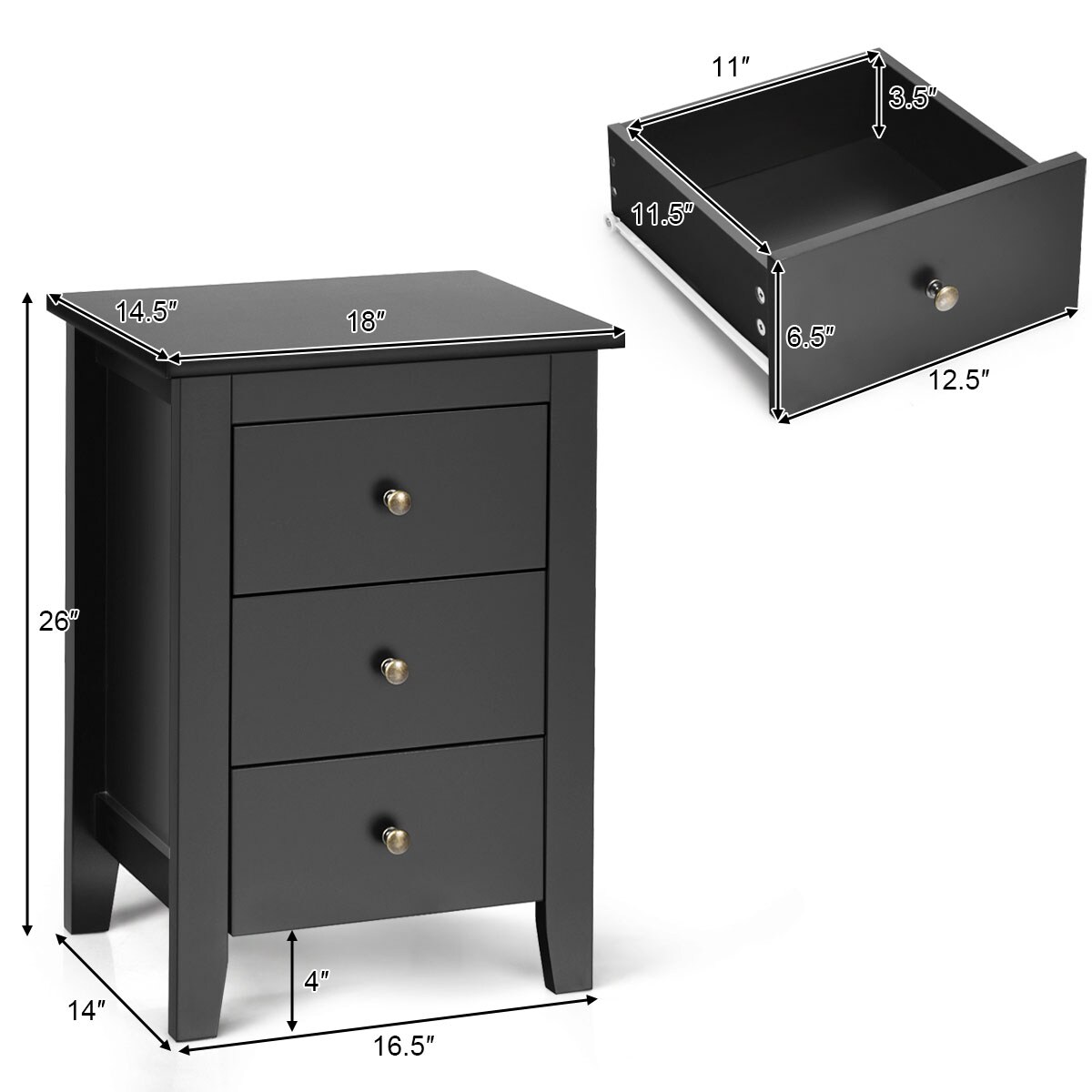 Costway 1PC/2PCS Nightstand End Beside Sofa Table w/ 3 Drawers Bedroom Furniture Black/White