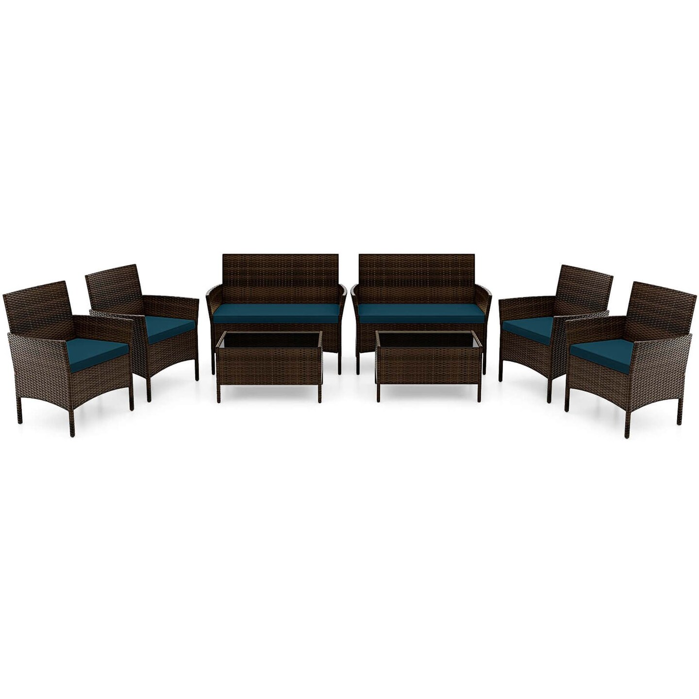 Costway 8 PCS Patio Furniture Set with Washable Cushions and Tempered Glass Coffee Table Black/Grey/Navy/Turquoise/Red/Blue/Orange