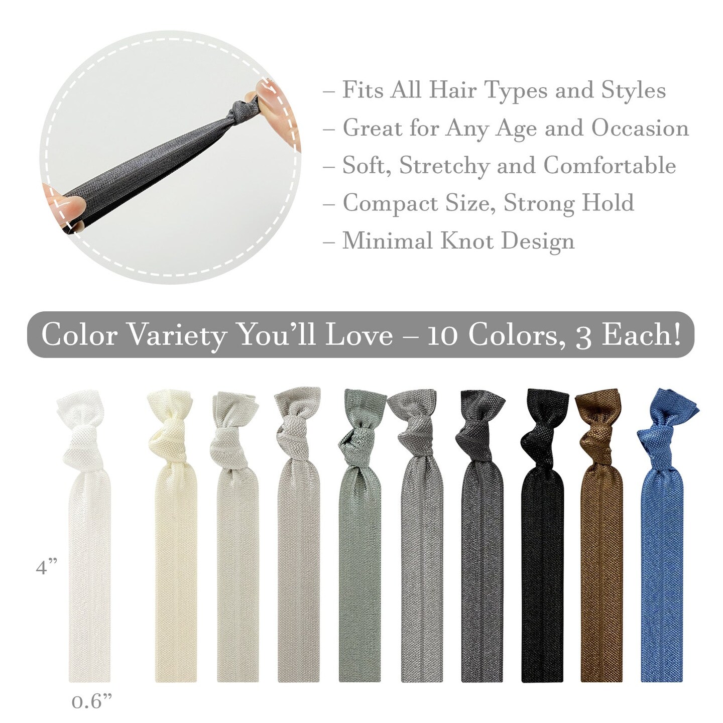 Wrapables No Crease Ouchless Elastic Ribbon Hair Ties Ponytail Holders (Set of 30), Grayscale