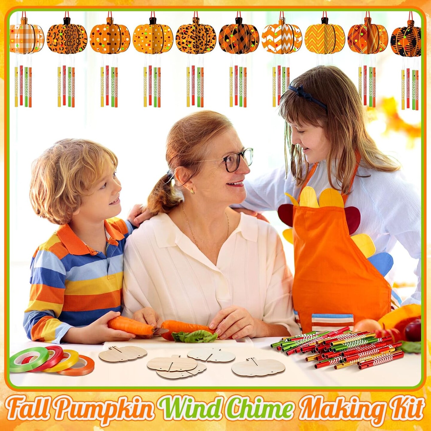 128 Pcs Fall Crafts Pumpkin Wind Chime Making Kit Make Your Own Pumpkin