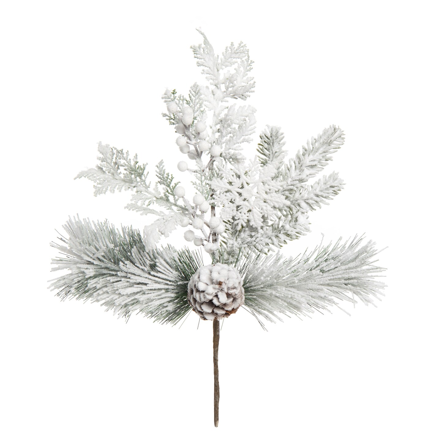 Transpac 18" White Frosted Evergreen Pick - Artificial Floral Stem, Plastic, Christmas Decor, Indoor Tabletop, 18in Height, White Color